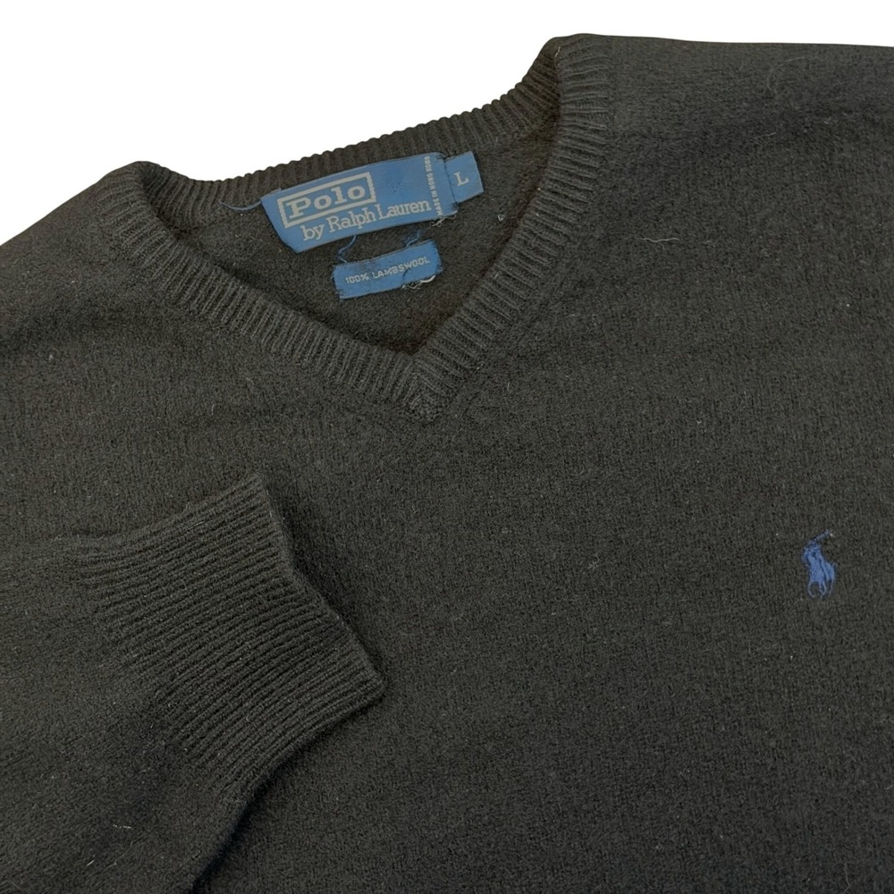 Polo Ralph Lauren Mens L Black Lambswool V Neck Sweater Blue Pony